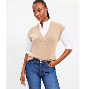 Ann Taylor LOFT Ruffle Collared Tunic Sweater Vest Long Sleeve Shirt Tan XL